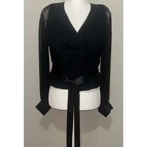 Veronique Young for W Black Silk Top Front/Back V - Sheer Sleeve Ruched‎ Size 8